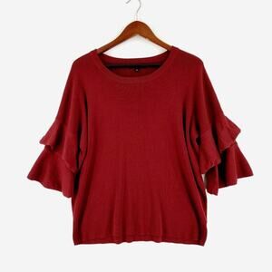Burgundy Ruffle Sleeve Knit Top Womens Large Fine Sweater Career Relativity‎